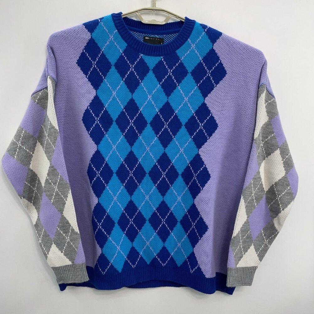 Asos Design Argyle Sweater Crew Neck Knit Preppy Oversized Purple Blue Mens XL